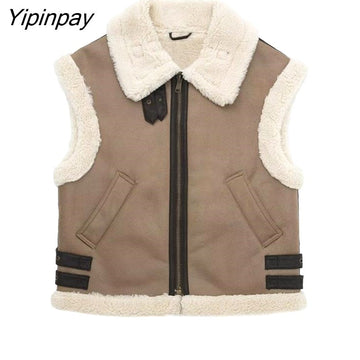 Yipinpay Women Fashion Winter Fleece Vest Coats 2023 Thick Warm Lapel Zip Locomotive Waistcoat Top Chic Female Suede Fur All-in-One